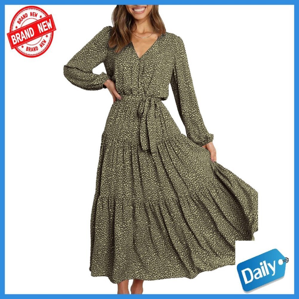 Long Sleeve Wrap V Neck Floral Maxi Dress Tie Waist Boho Chiffon